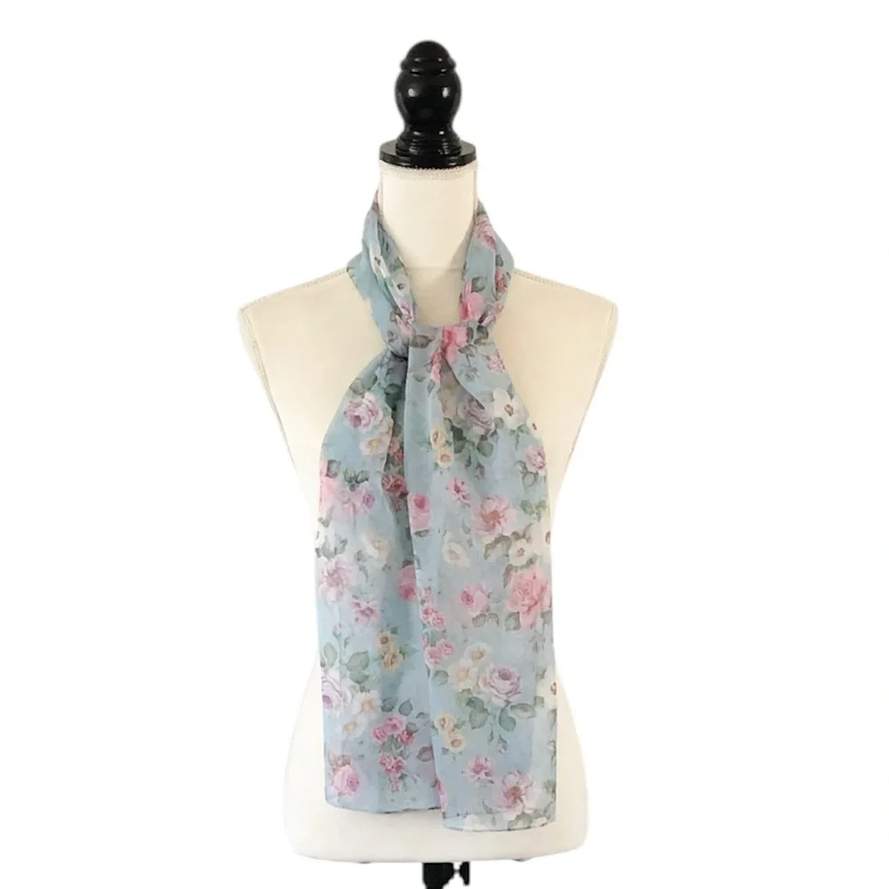 $15 or 2/$20 Vintage Pastel Blue Sheer Floral Oblong Scarf